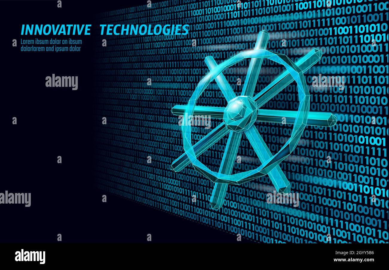 Wheel helm computer developer app concept. Business digital open source program. Data coding steering 3D low polygonal vector line illustration. Stock Vector