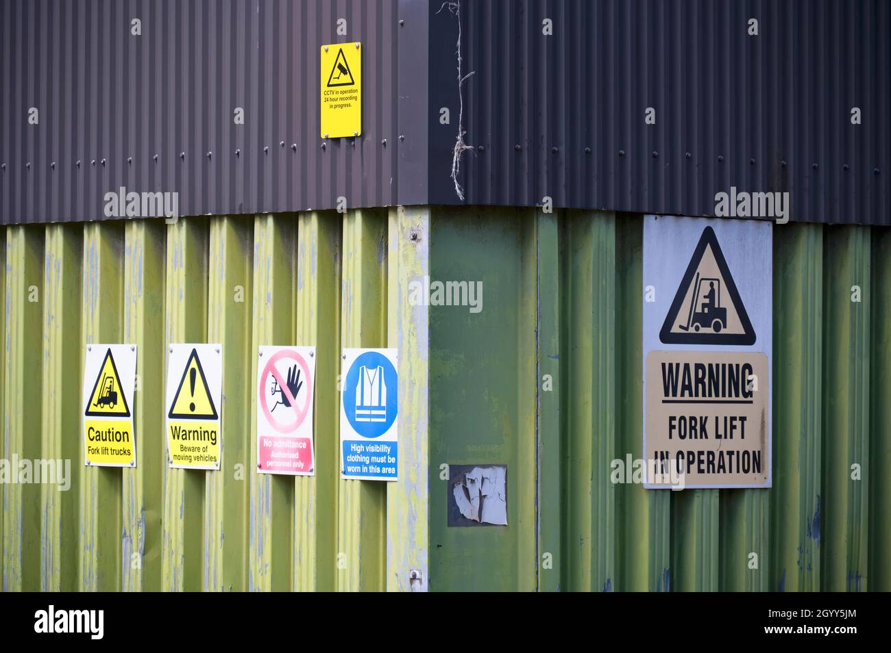 Factory warehouse health and safety sign warning of fork lift trucks Stock Photo