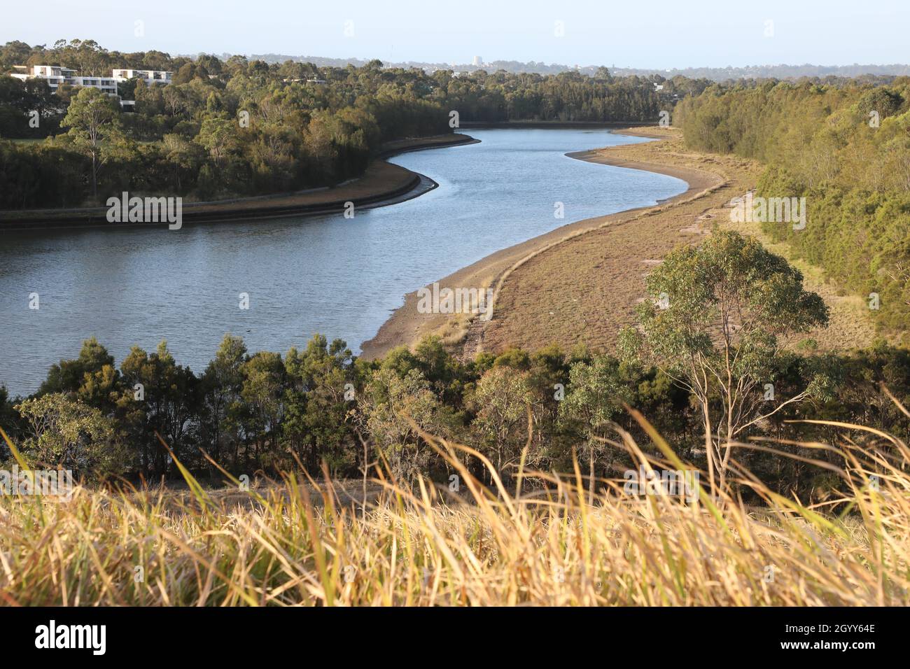 View towards Haslams Creek from on top Haslam’s Marker, Sydney Olympic Park Stock Photo