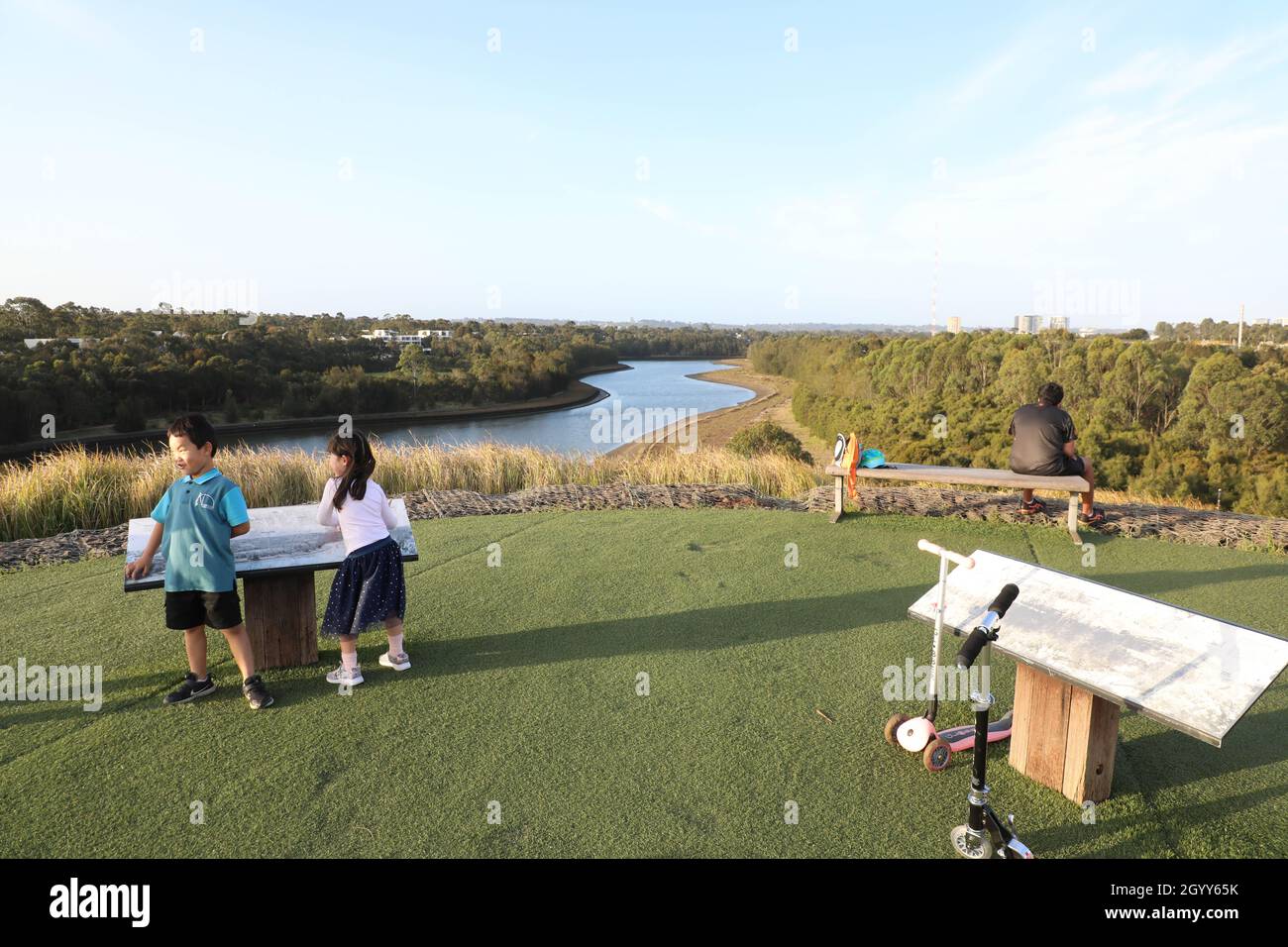 View towards Haslams Creek from on top Haslam’s Marker, Sydney Olympic Park Stock Photo