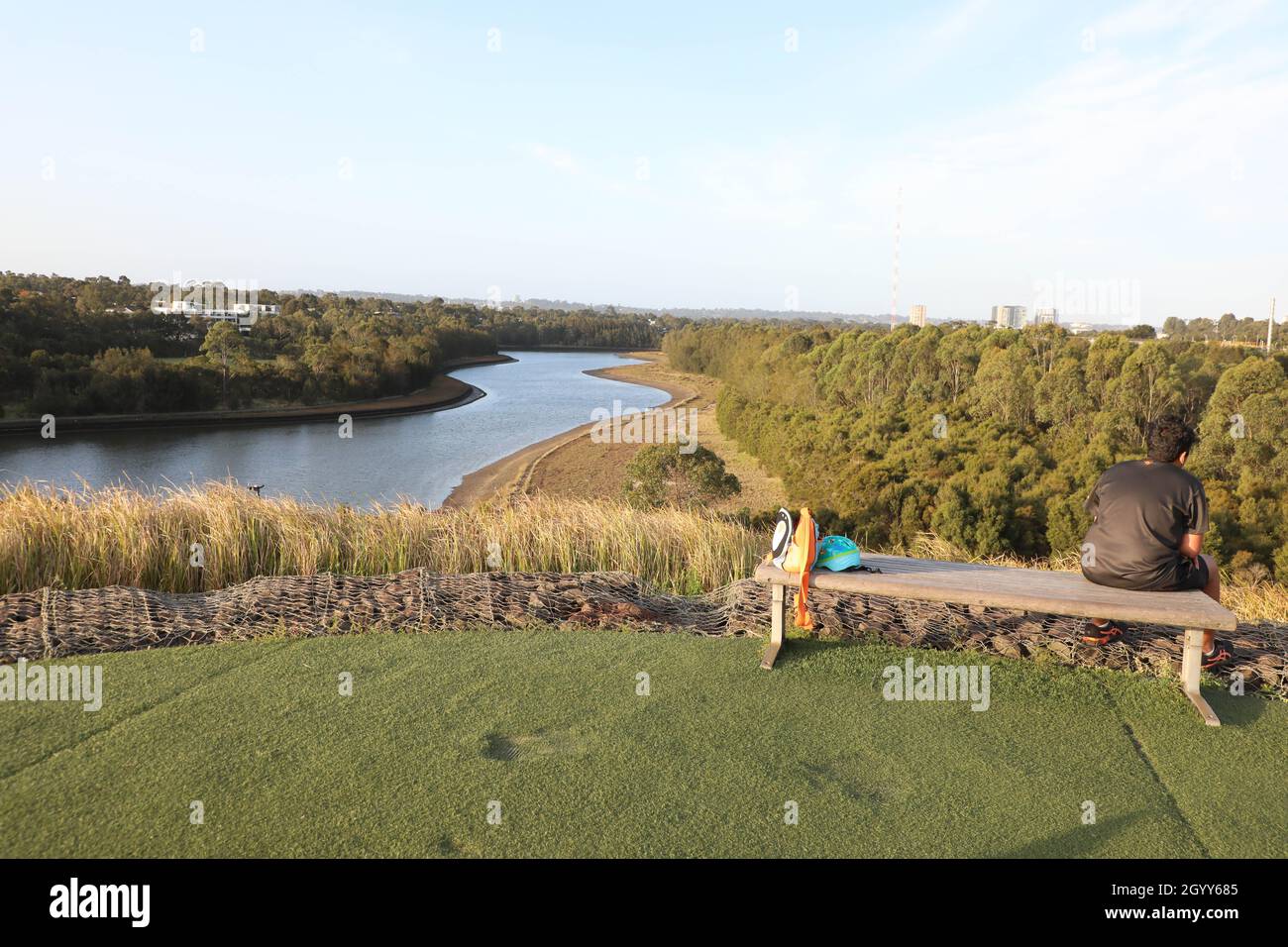 View towards Haslams Creek from on top Haslam’s Marker, Sydney Olympic Park Stock Photo