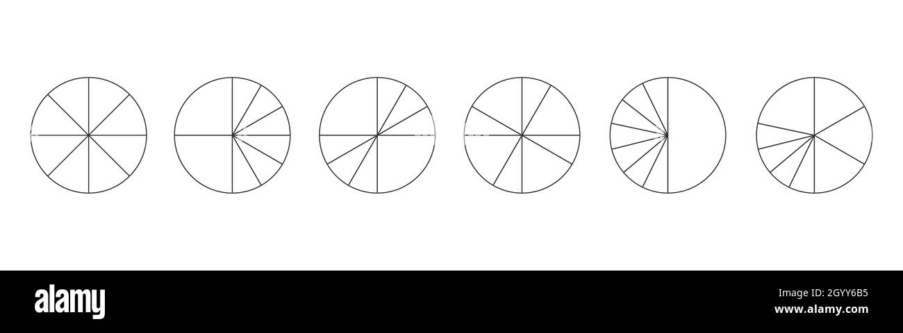 Graphic circles divided in 8 segments. Pie or pizza round shapes cut in different eight slices. Simple statistical infographic chart examples isolated on white background. Vector outline illustration. Stock Vector