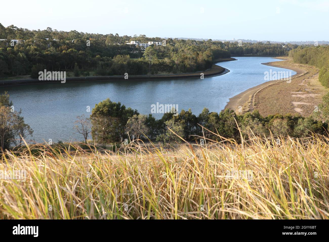 View towards Haslams Creek from on top Haslam’s Marker, Sydney Olympic Park Stock Photo