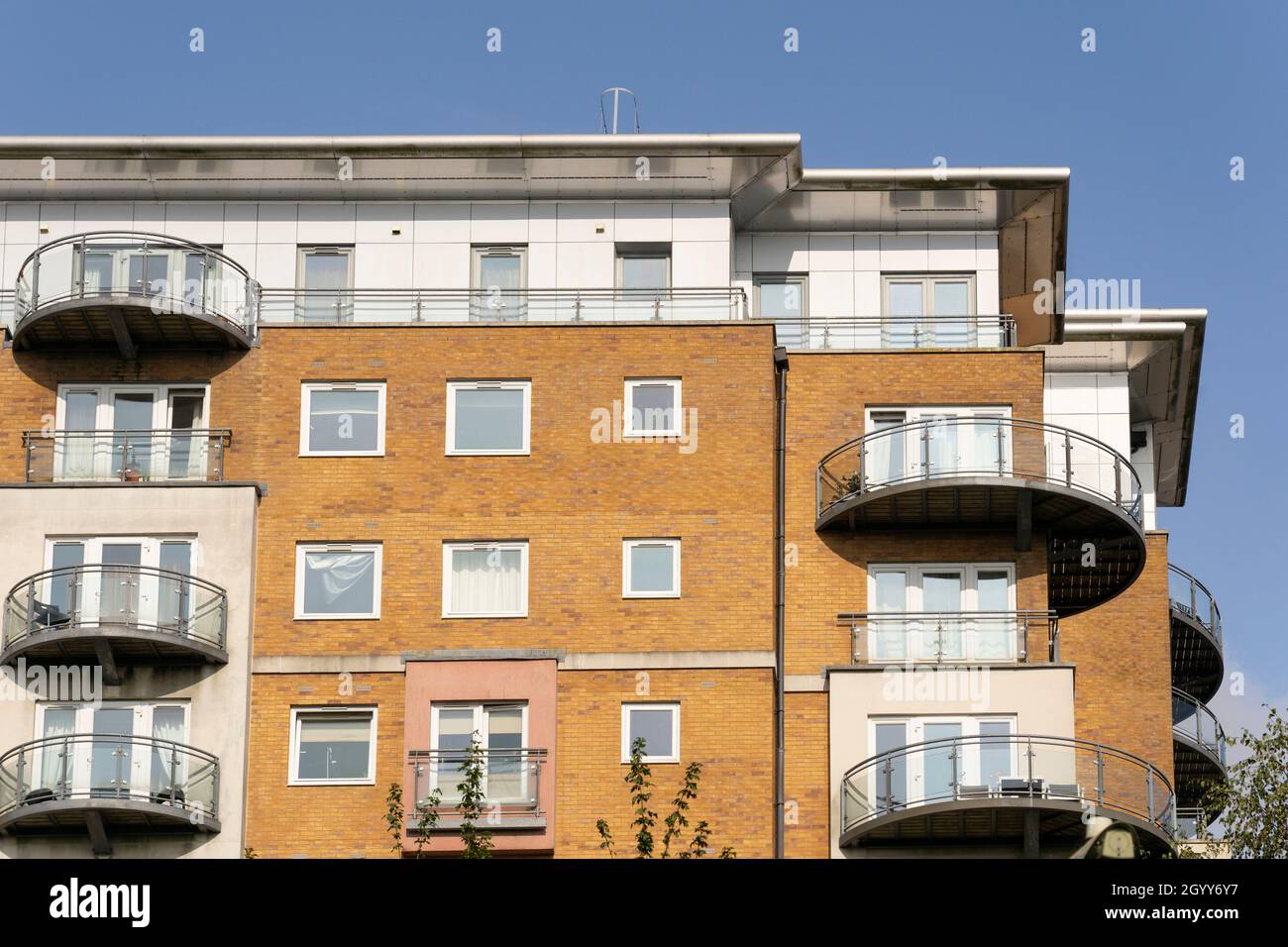 Blocks of flats in Winterthur Way needing aluminium composite cladding and wooden balcony decking to be replaced over fire risk fears. Basingstoke, UK Stock Photo