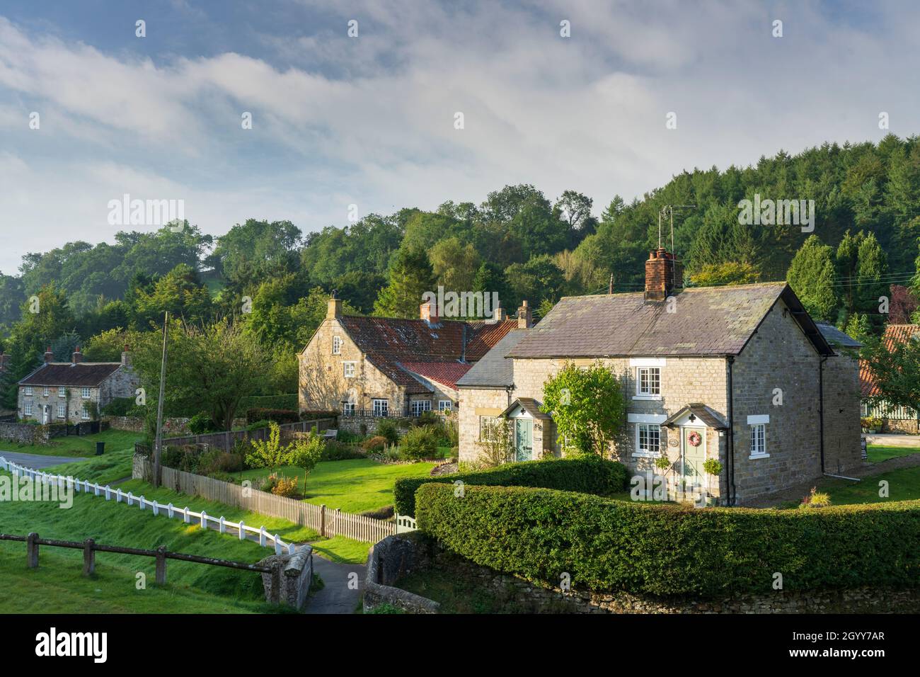 Stone cottages at moorland village Hutton Le Hole, The North Yorkshire Moors, UK Stock Photo