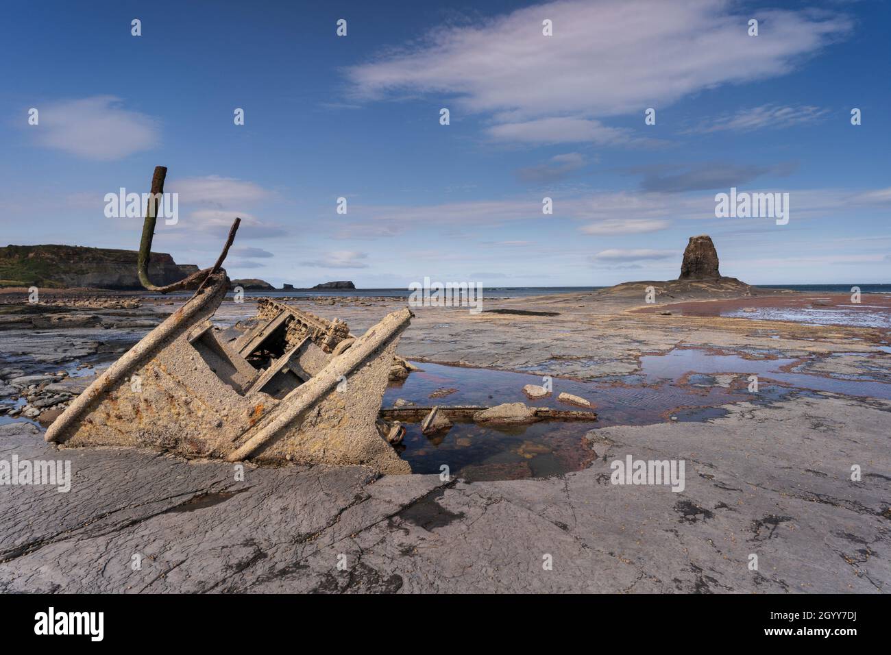 The wreck of Admiral von Tromp and Black Nab at Saltwick Bay near Whitby on the North Yorkshire coast. Stock Photo