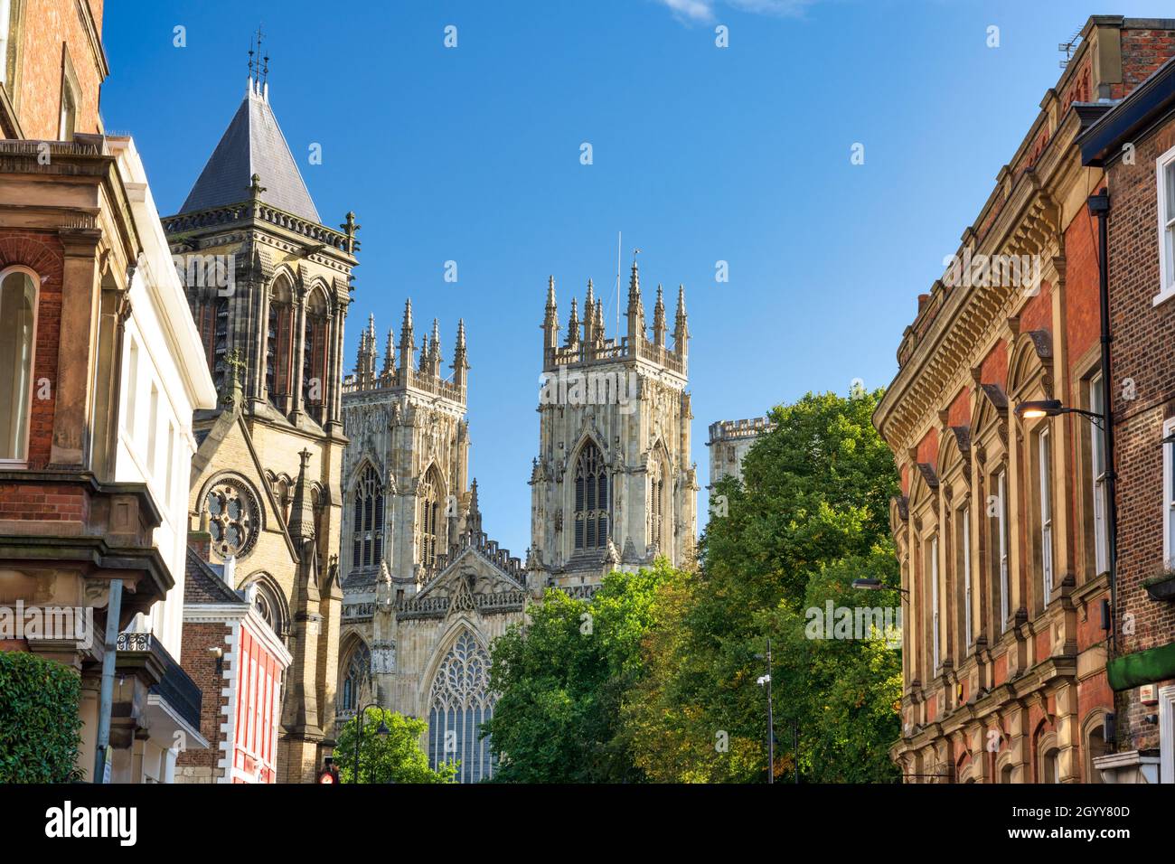 York Minster West Bell Towers and Museum Street, York, North Yorkshire, UK. Stock Photo