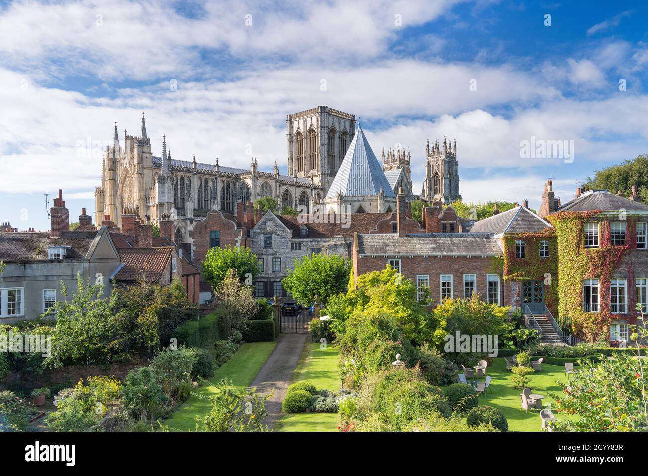 York Minster and Grays Court from the Bar Walls, York, North Yorkshire, UK. Stock Photo