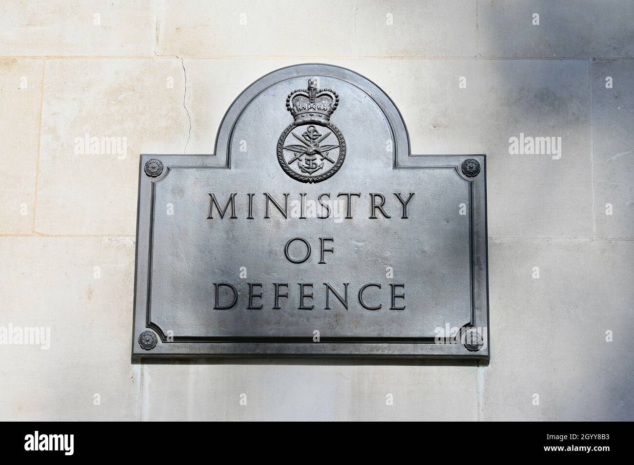 Ministry of Defence Sign, Ministry of Defence, Whitehall, London. UK Stock Photo