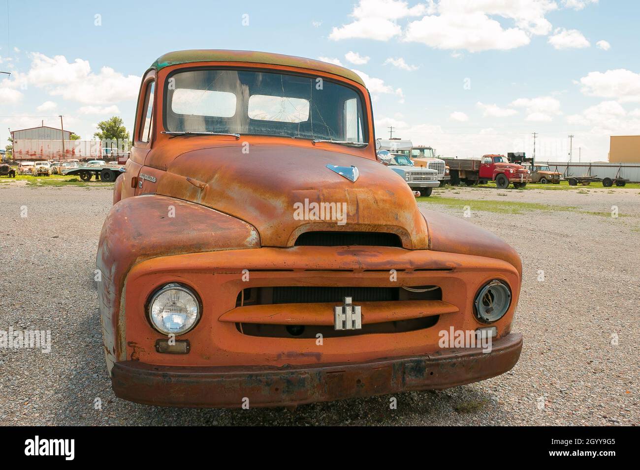 vintage American International harvester truck in junkyard Stock Photo
