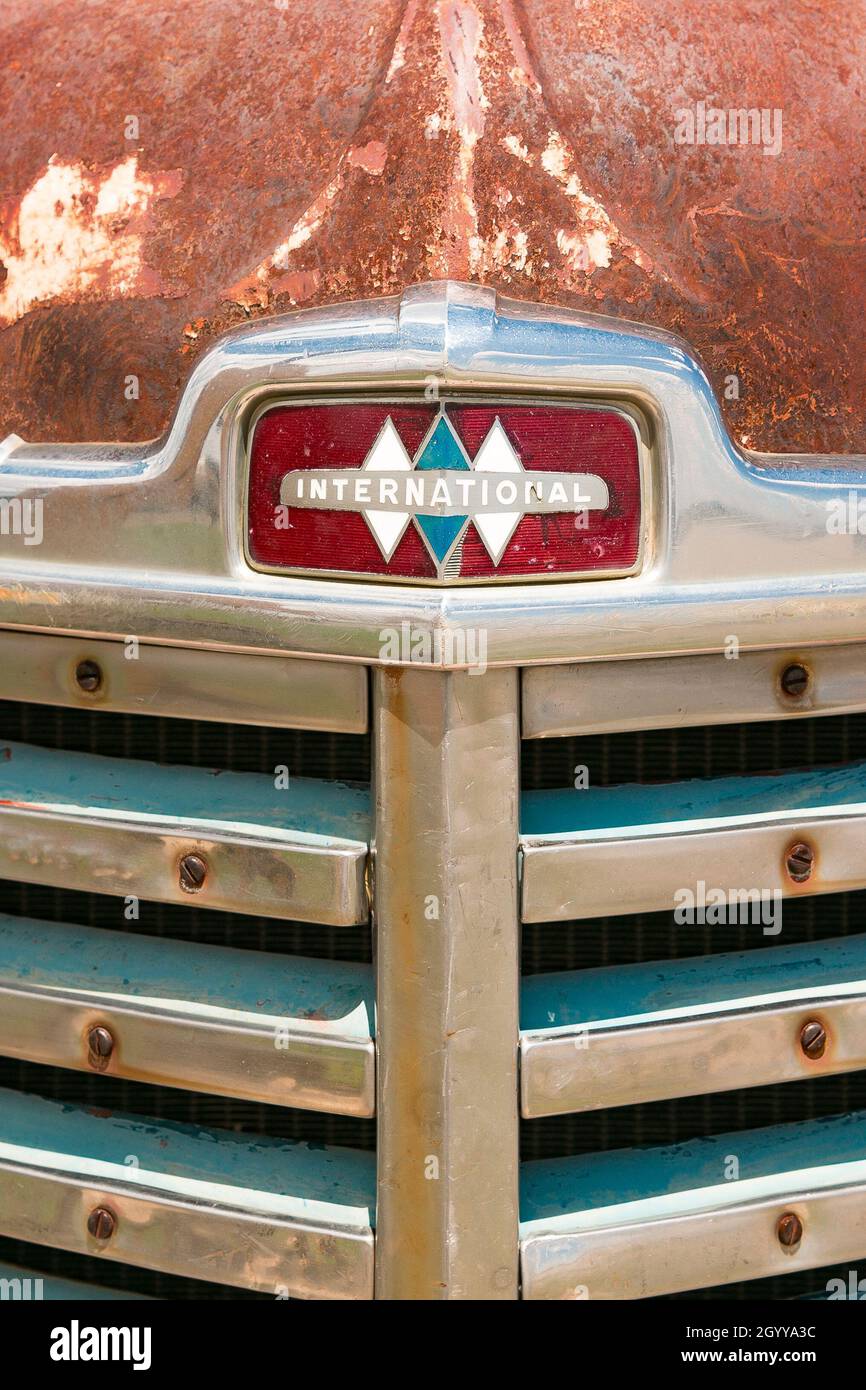 vintage American International brand truck in junkyard Stock Photo
