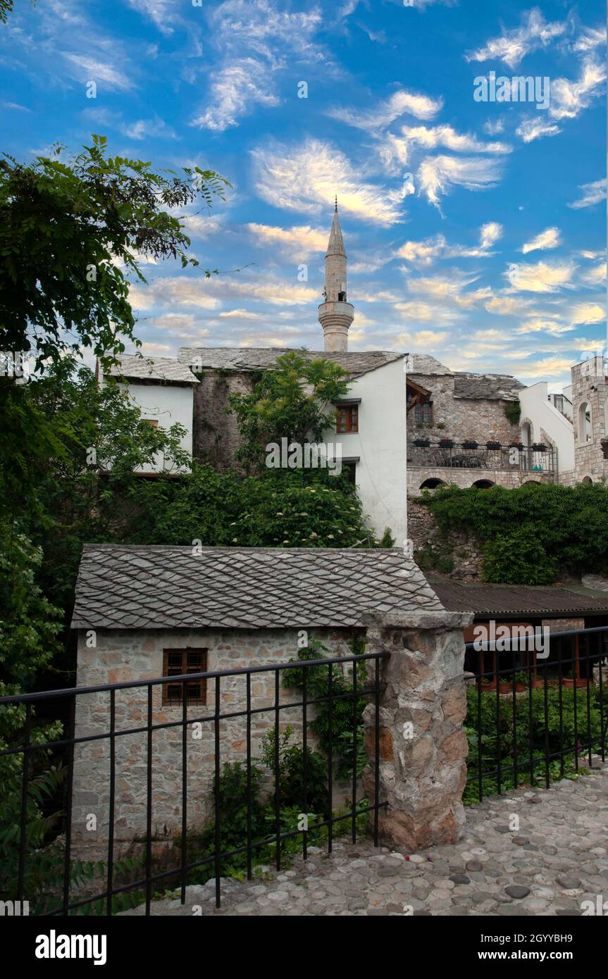 View of Mostar houser and minaret, in 2015 Stock Photo