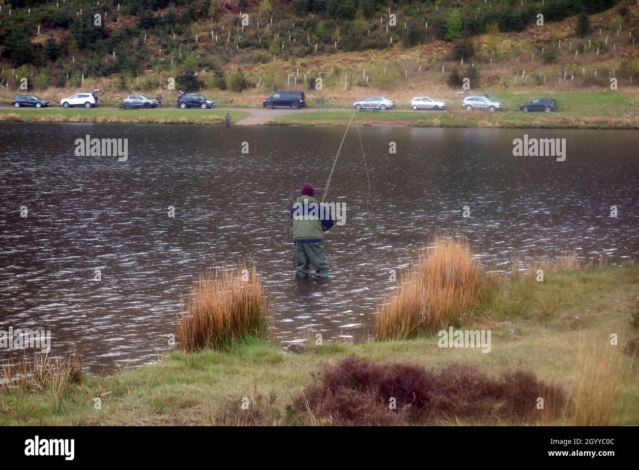 Lone Angler from Cockermouth Angling Association Fly Fishing on Cogra Moss Reservoir in the Lake District National Park, Cumbria, England, UK Stock Photo