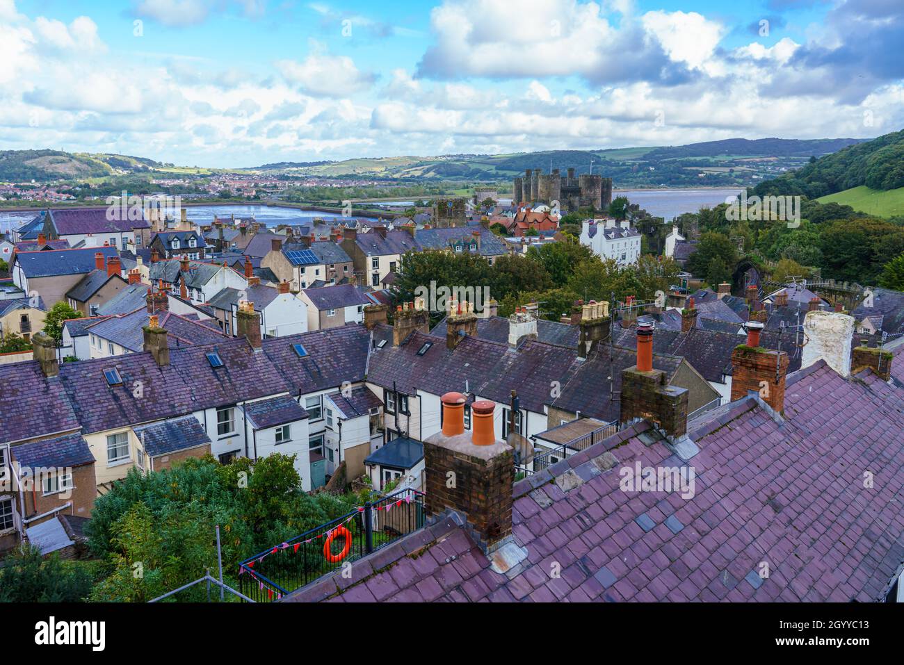 Conway houses seen from above on the medieval Conwy town wall walk Stock Photo