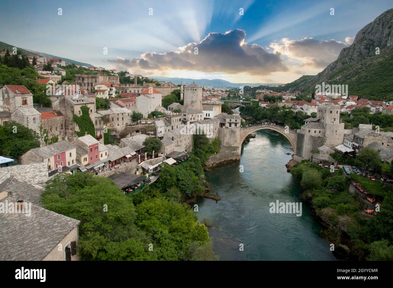 View of Stari Most Bridge in Mostar, Bosnia Herzegovina restored after the civil war. Stock Photo