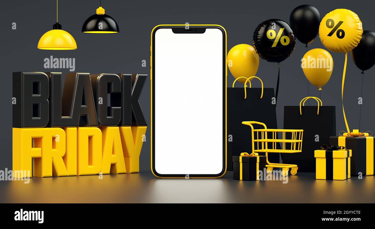 Black Friday sale banner background with mobile phone mockup blank screen  and yellow stuff in realistic 3D rendering. Special offer flyer and online  s Stock Photo - Alamy