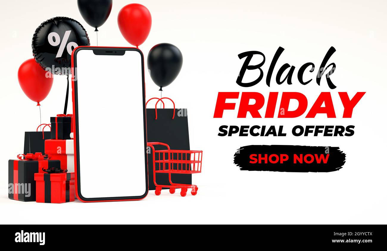 Black Friday sale banner background with mobile phone mockup blank screen  and red stuff in realistic 3D rendering. Lettering text, special offer  flyer Stock Photo - Alamy