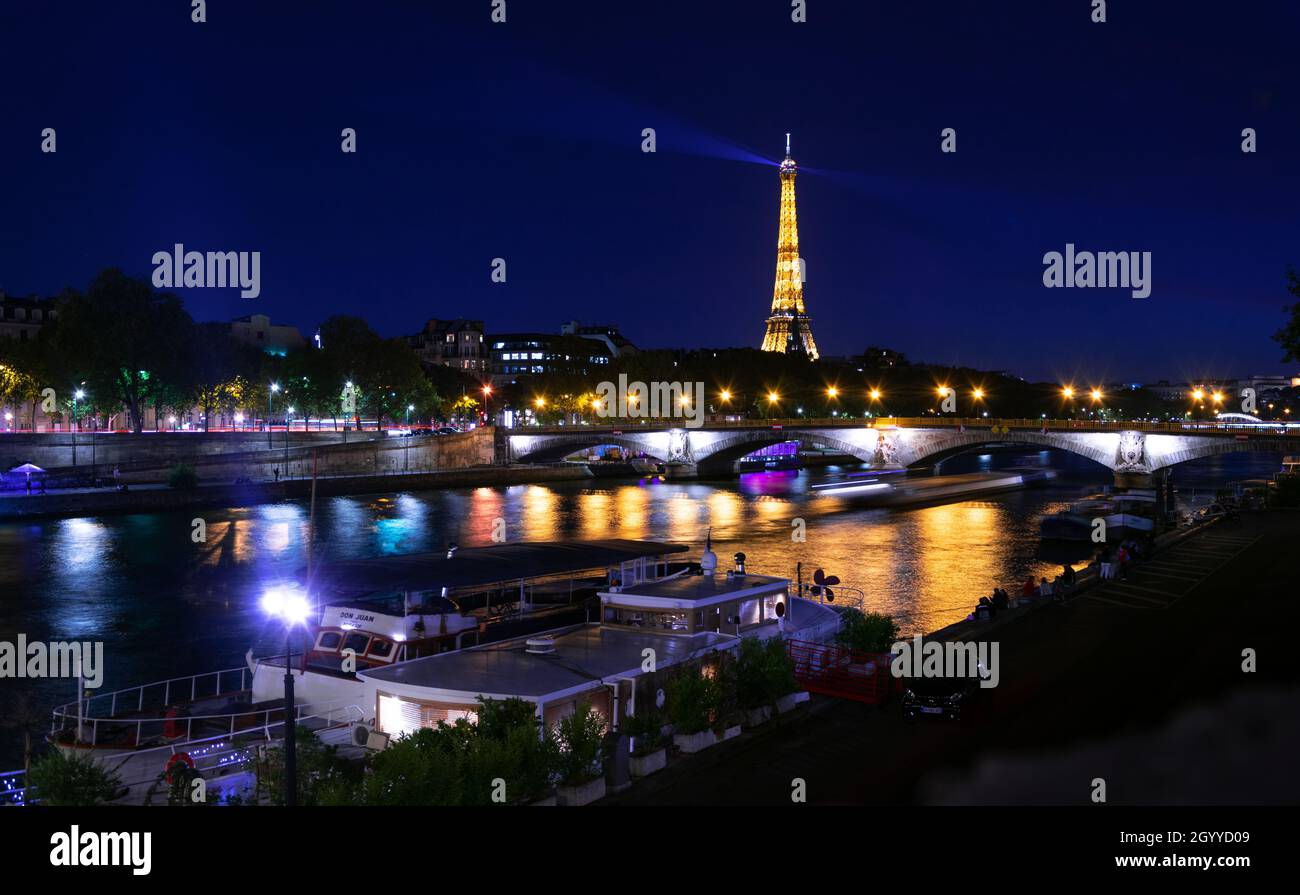 The Eiffel Tower III after sunset, shot from the Pont Alexandre III Stock Photo