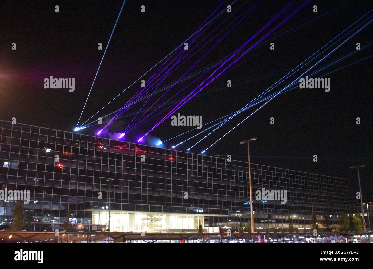 Laser lights at Milton Keynes train station, part  of the City of Light Festival. Stock Photo
