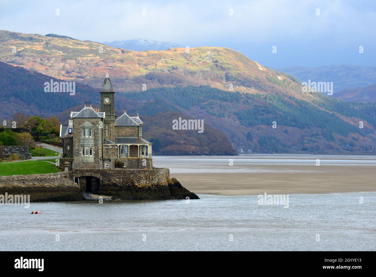 The Clock House on the banks of the Afon Mawddach, Abermaw / Barmouth, Gwynedd, Wales, UK Stock Photo