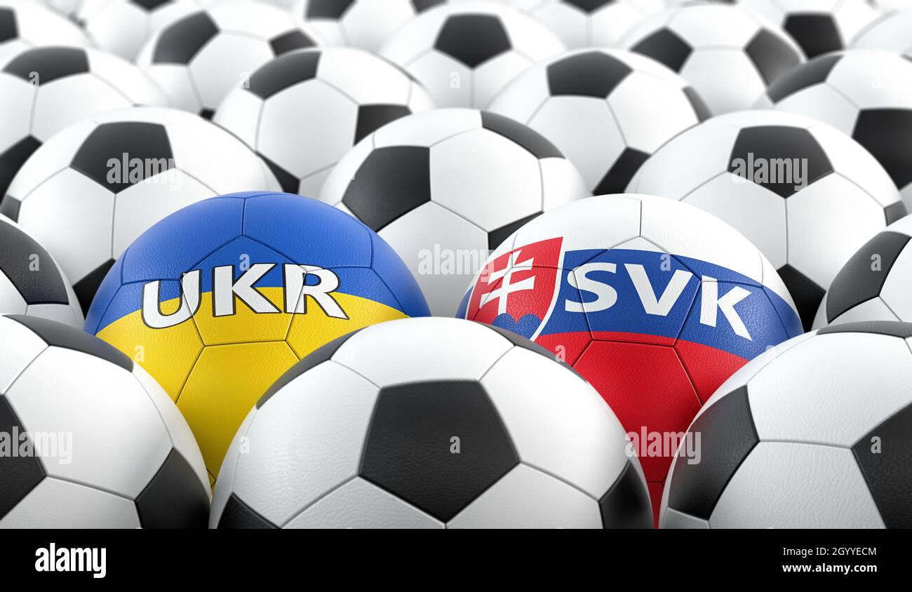 Ukraine vs. Slovakia Soccer Match - Leather balls in Ukraine and Slovakia national colors. 3D Rendering Stock Photo