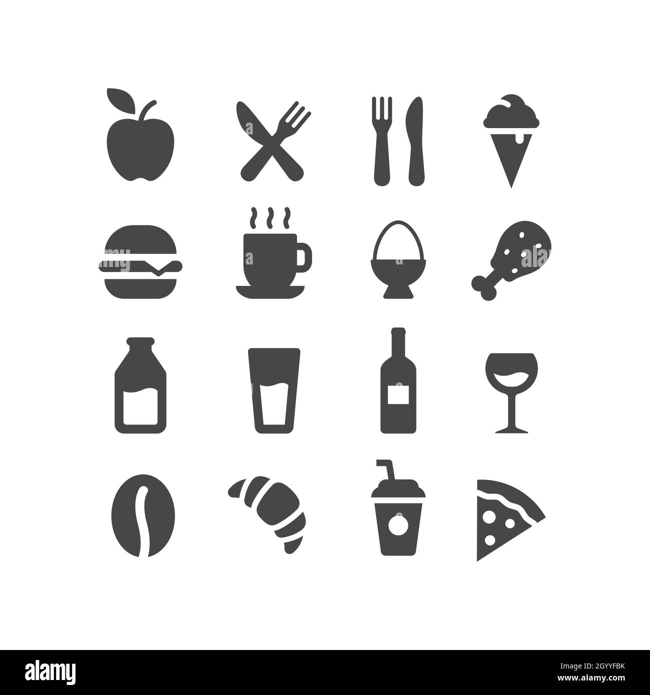 Basic food black vector icon set. Apple, egg, milk bottle symbols. Stock Vector