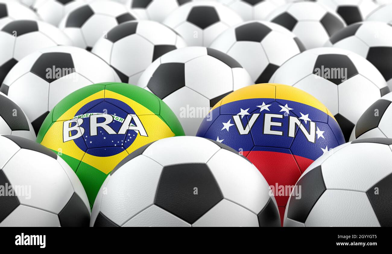 Brazil vs. Venezuela Soccer Match - Leather balls in Brazil and Venezuela national colors. 3D Rendering Stock Photo