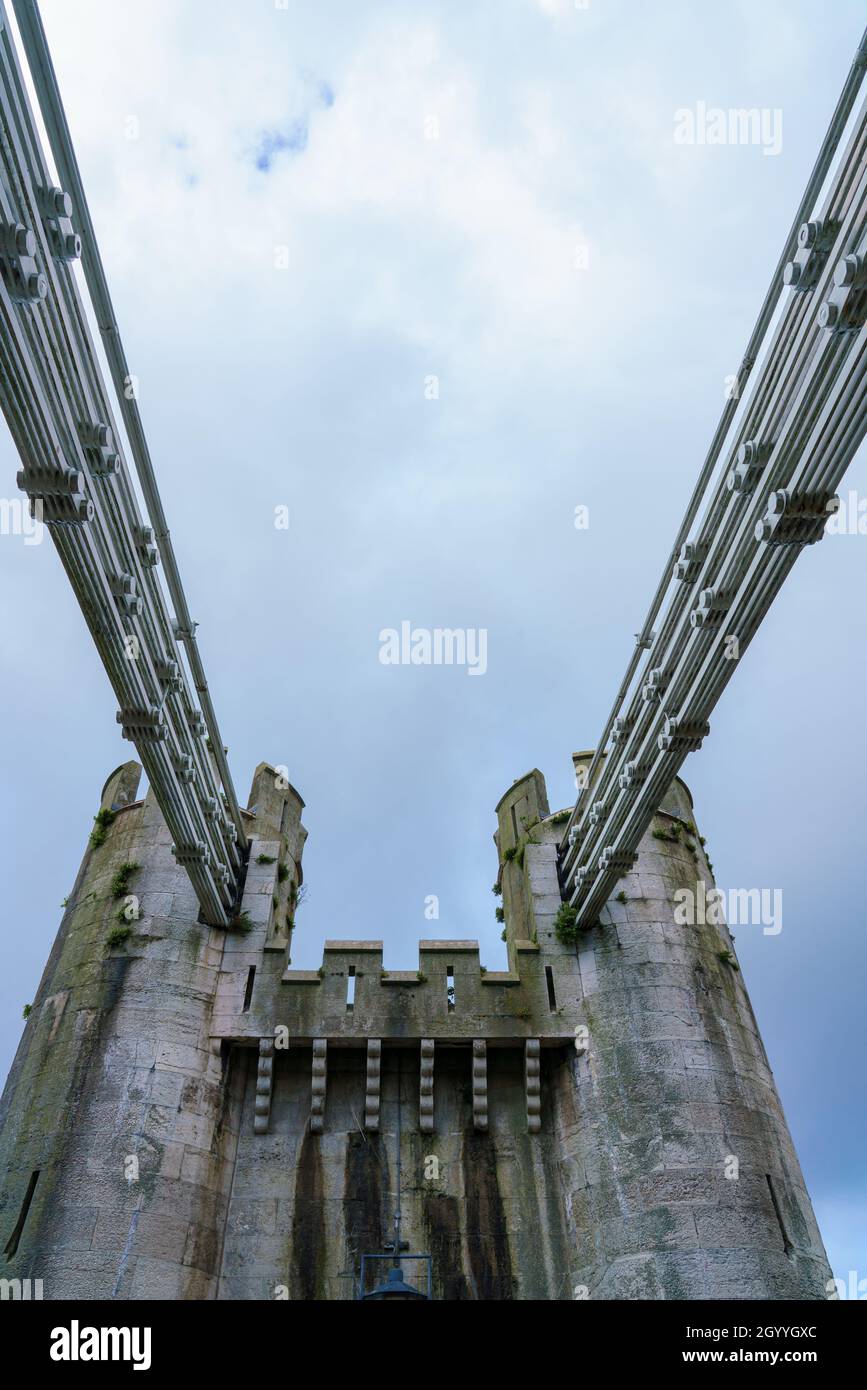 the 19th century National Trust - Thomas Telford Conway suspension bridge, Conwy Wales Stock Photo
