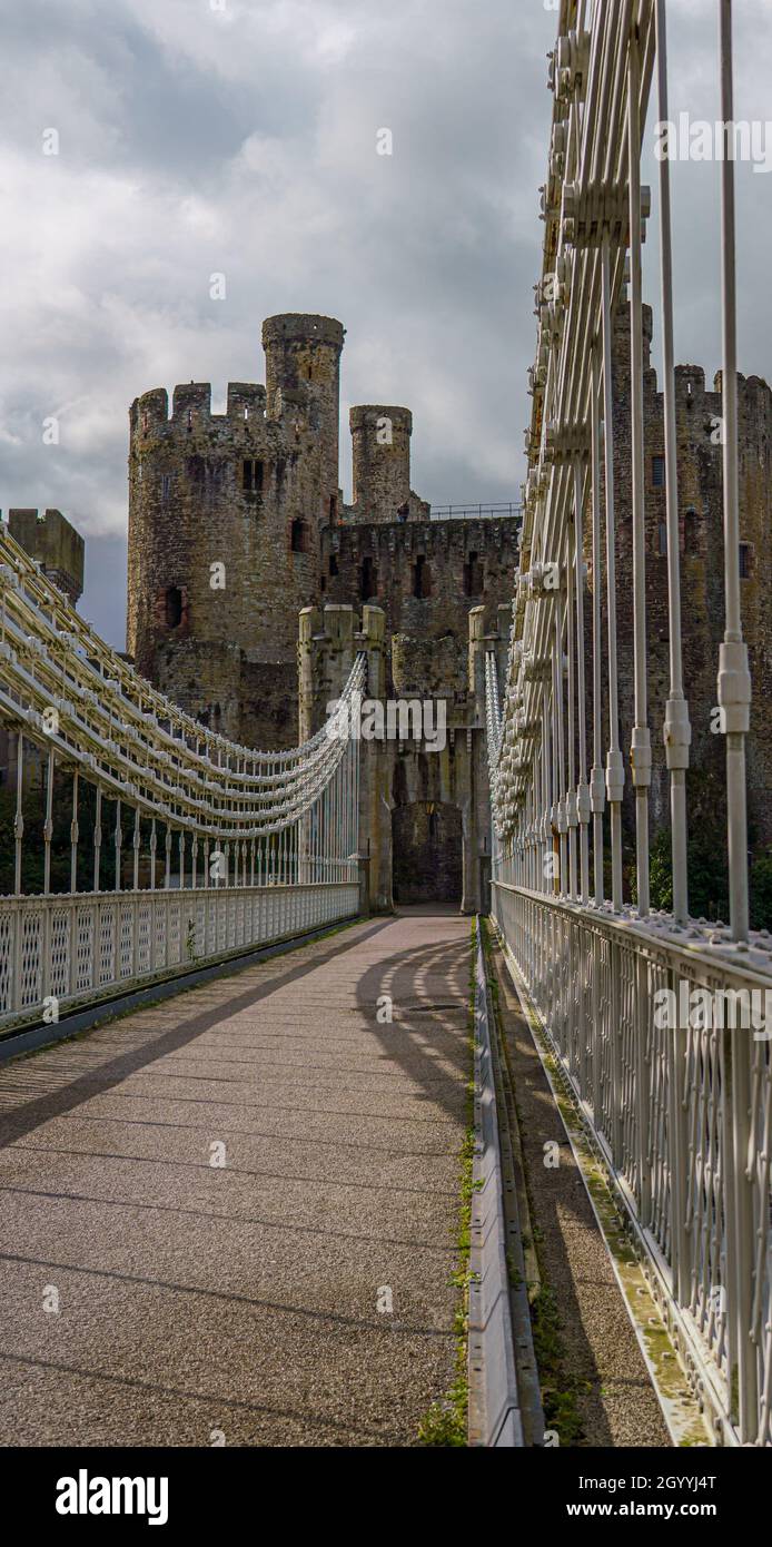 the 19th century National Trust - Thomas Telford Conway suspension bridge, Conwy Wales Stock Photo