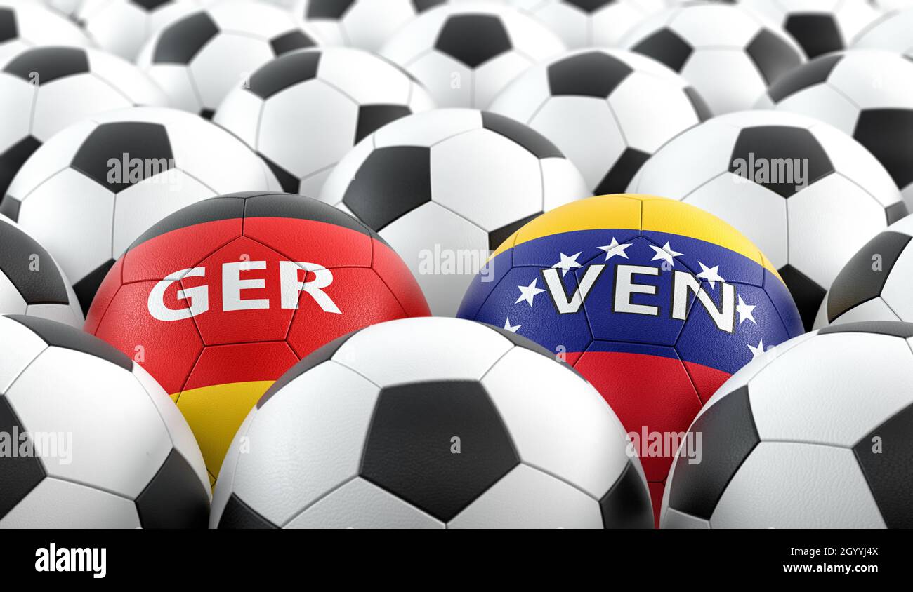 Germany vs. Venezuela Soccer Match - Leather balls in German and Venezuela national colors. 3D Rendering Stock Photo