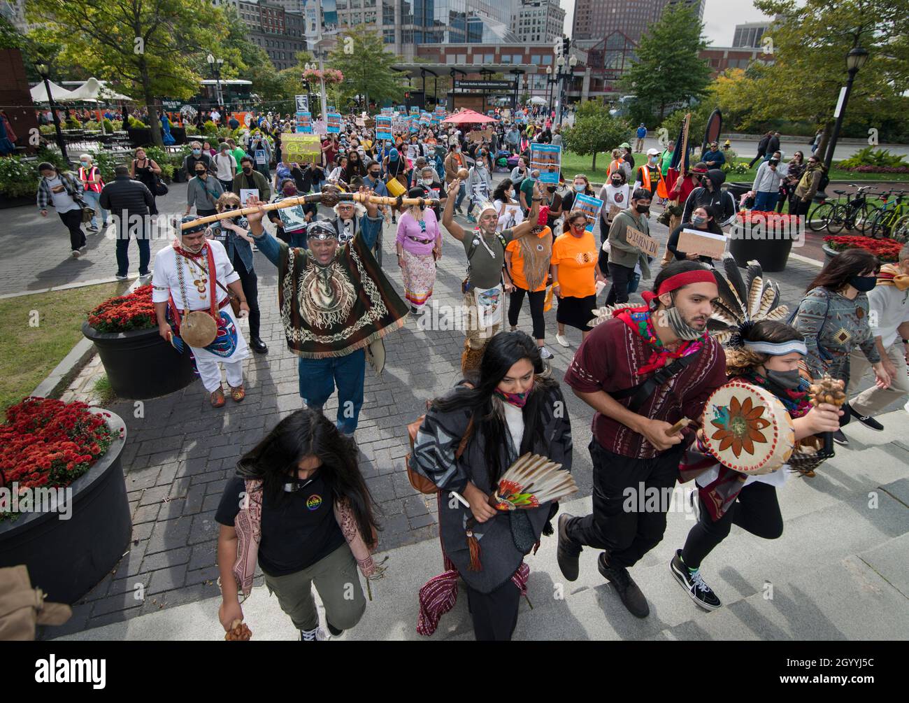 Rally supporting Indigenous Peoples Day, Boston, Massachusetts, USA.  09 Oct. 2021. Over 500 Native Americans and supporters gathered at the Boston Common and marched through central Boston to the waterfront at Christopher Columbus Park.  Earlier in the week acting Boston Mayor Kim Janey signed an executive order making the second Monday of October “Indigenous Peoples Day” in Boston.  As of October of 2021 eight U.S. states and Washington D.C. have proclaimed Indigenous Peoples Day a holiday. Credit: Chuck Nacke / Alamy Stock Photo