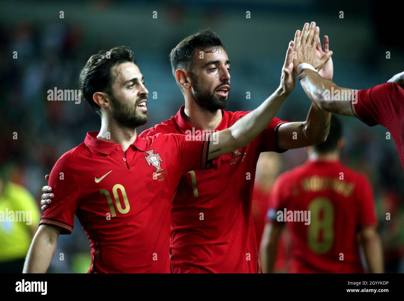 FARO, PORTUGAL - OCTOBER 09: Bernardo Silva and Bruno Fernandes of Portugal celebrates after Andre Silva of Portugal scores is Goal ,during the international friendly match between Portugal and Qatar at Estadio Algarve on October 9, 2021 in Faro, Faro. (Photo by MB Media) Stock Photo