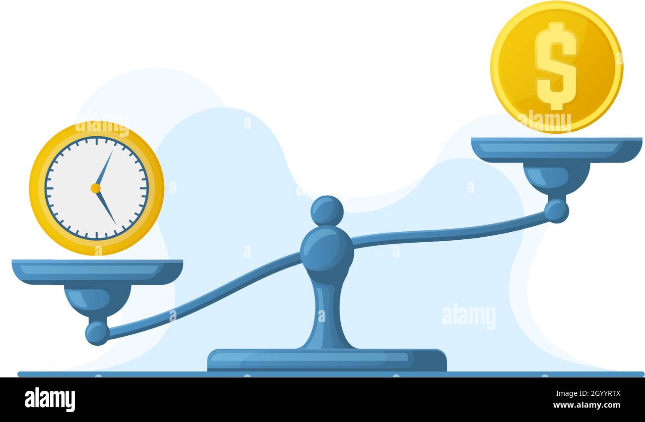 Time is money, scales weight balance, time and money concept. Libra