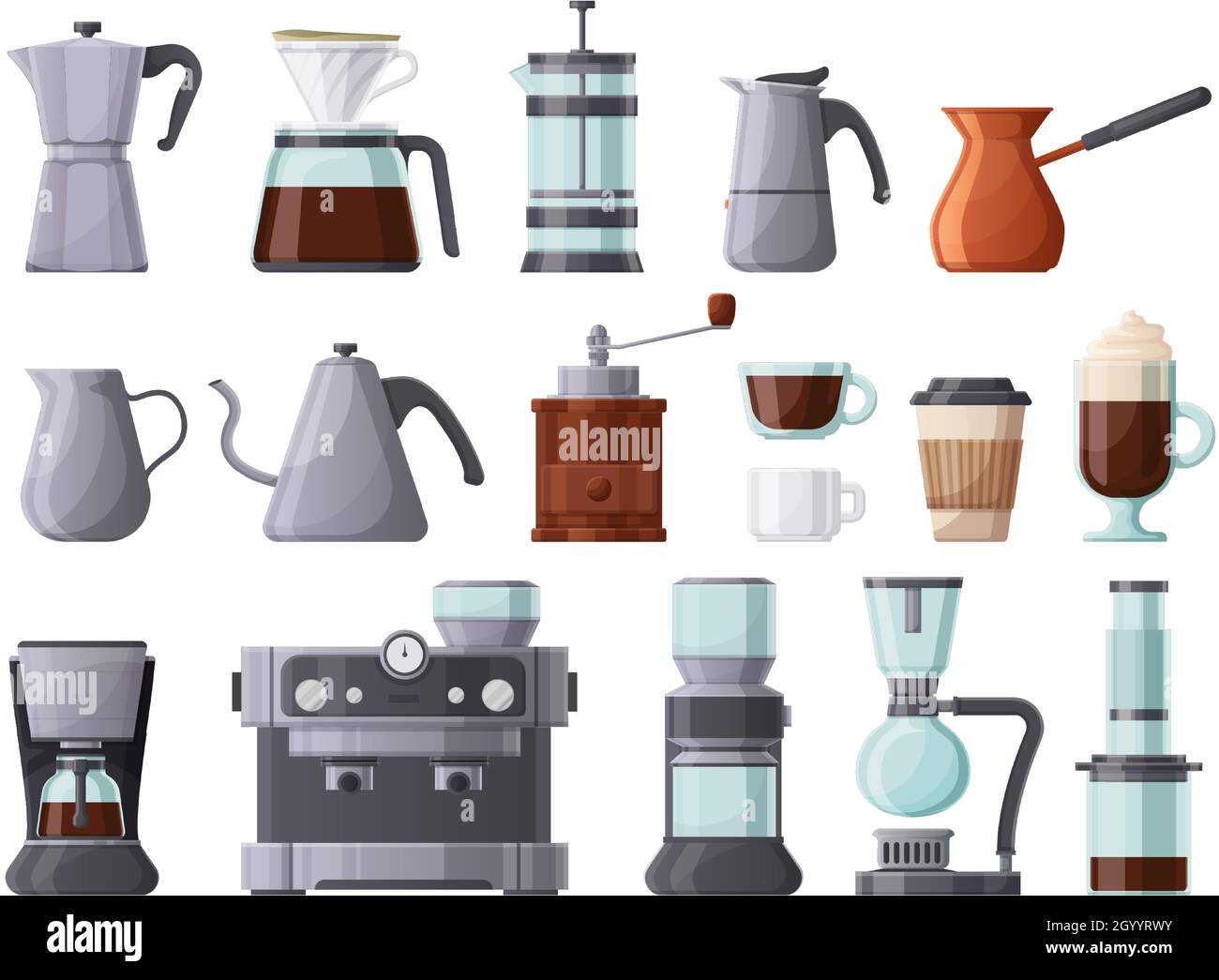 https://c8.alamy.com/comp/2GYYRWY/coffee-machines-french-press-cezve-pot-aeropress-and-espresso-machine-coffee-brewing-tools-cups-and-coffee-pots-vector-illustration-set-hot-2GYYRWY.jpg