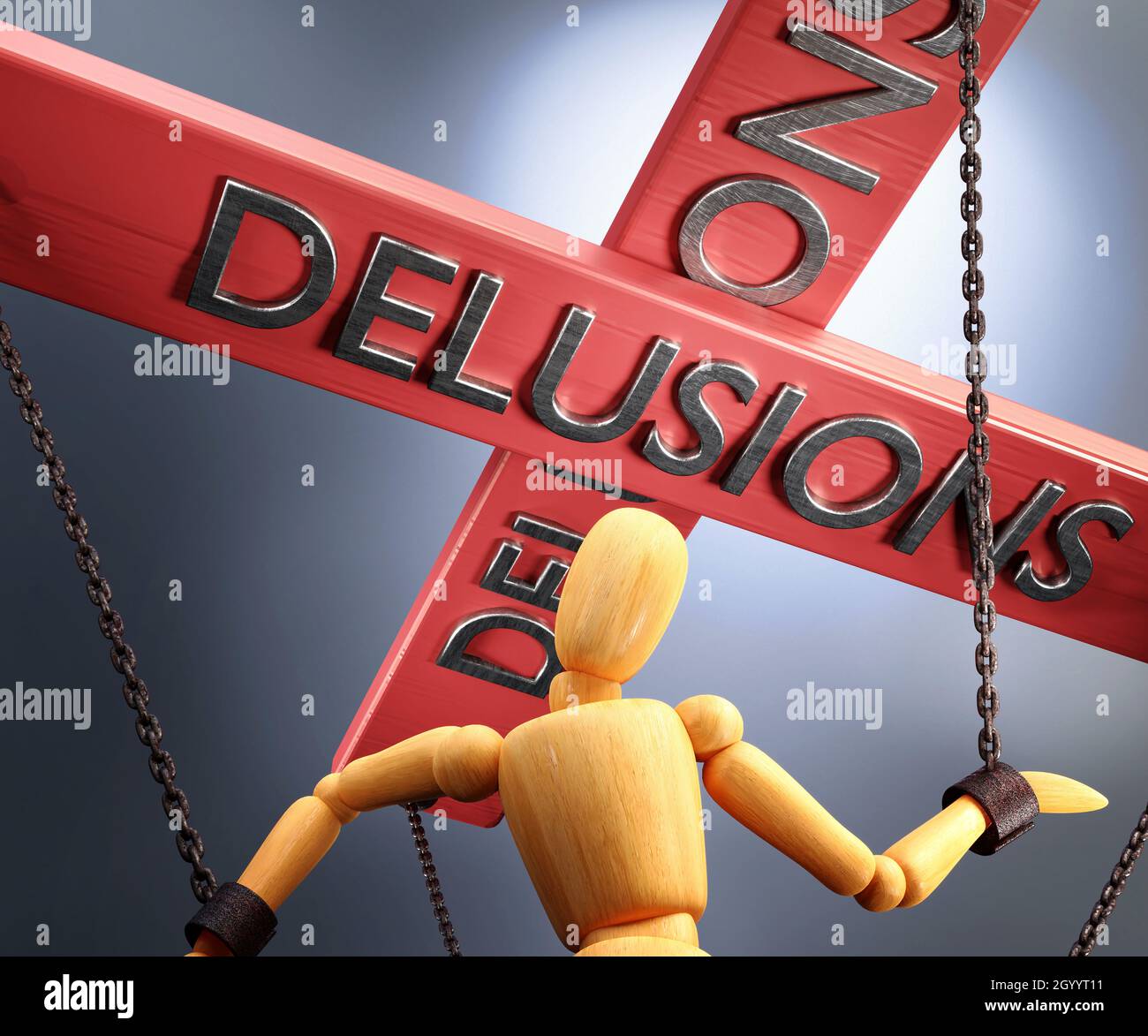 Delusions control, power, authority and manipulation symbolized by control bar with word Delusions pulling the strings (chains) of a wooden puppet, 3d Stock Photo