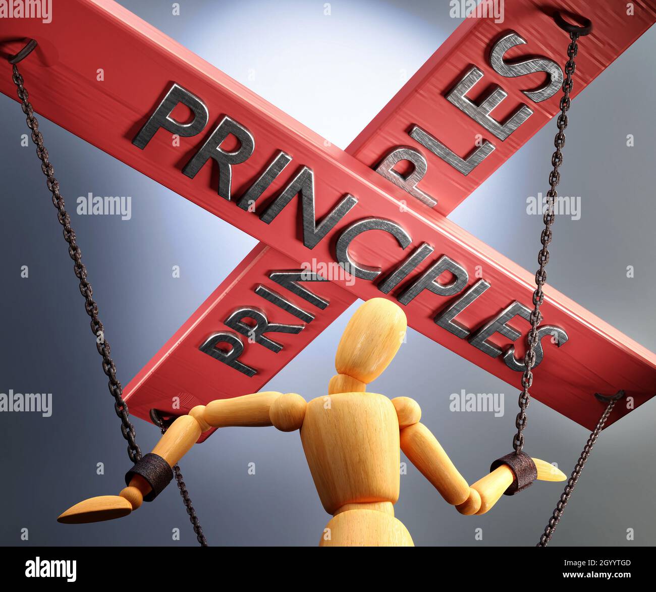 Principles control, power, authority and manipulation symbolized by control bar with word Principles pulling the strings (chains) of a wooden puppet, Stock Photo