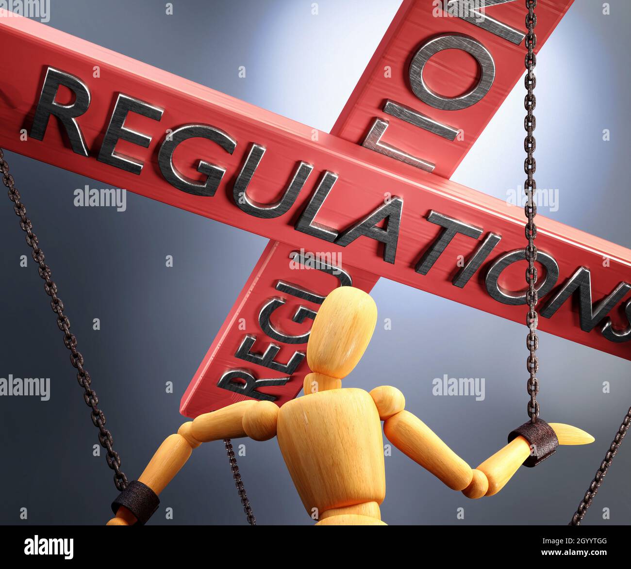 Regulations control, power, authority and manipulation symbolized by control bar with word Regulations pulling the strings (chains) of a wooden puppet Stock Photo