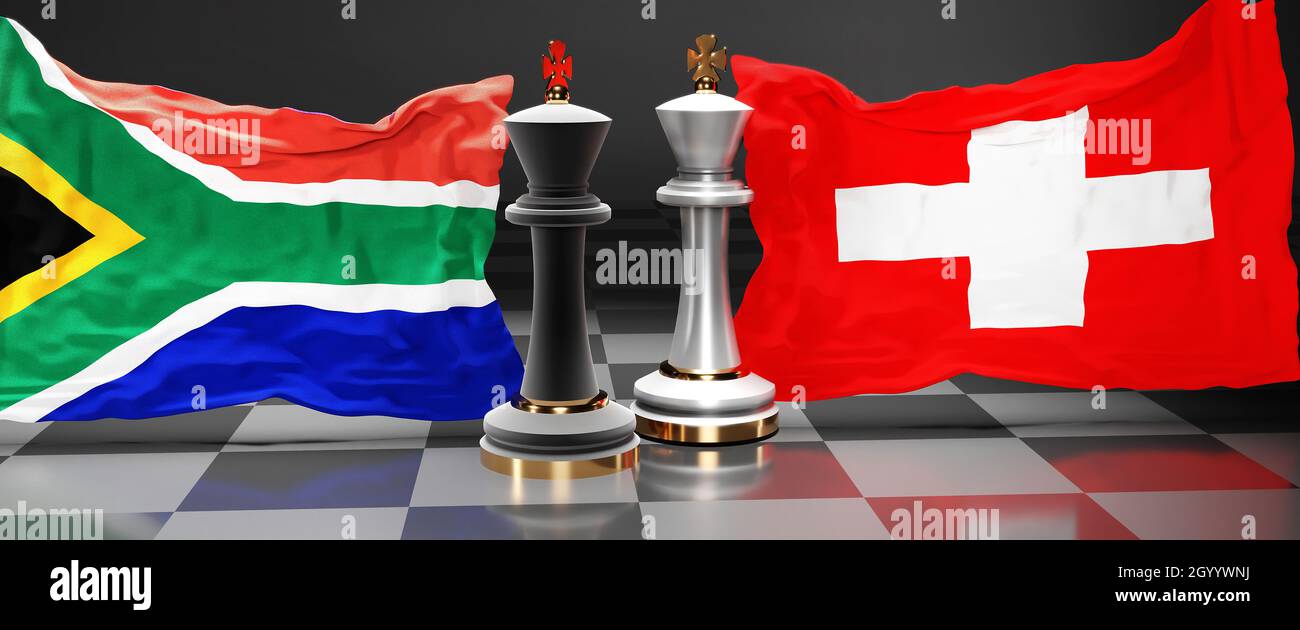 South Africa Switzerland summit, fight or a stand off between those two countries that aims at solving political issues, symbolized by a chess game wi Stock Photo