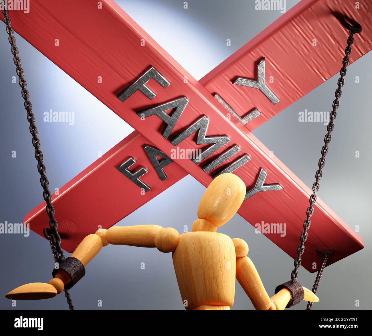 Family control, power, authority and manipulation symbolized by control bar with word Family pulling the strings (chains) of a wooden puppet, 3d illus Stock Photo