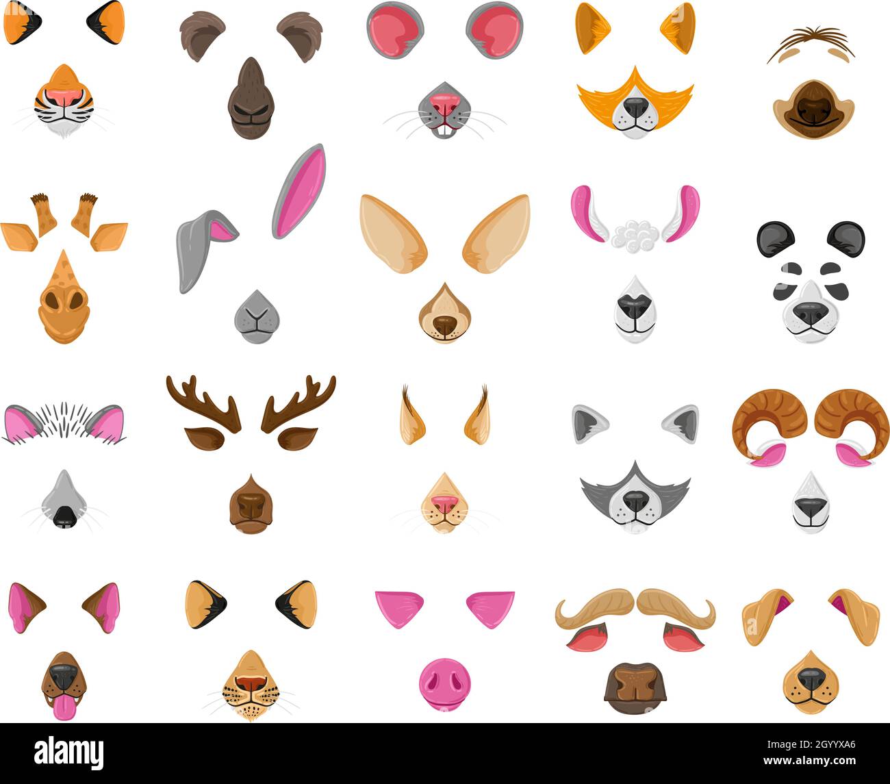 Cartoon selfie or video chat animal faces masks. Raccoon, dog, zebra and  goat funny ears and noses vector illustration set. Video chat animal faces  Stock Vector Image & Art - Alamy