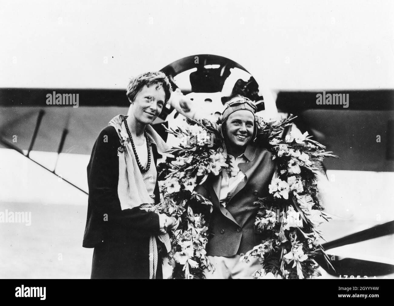 Amelia Earhart (left), woman flier, and Florence Klingensmith, winner of the Amelia Earhart Trophy Race. Cleveland, August, 1932. Stock Photo