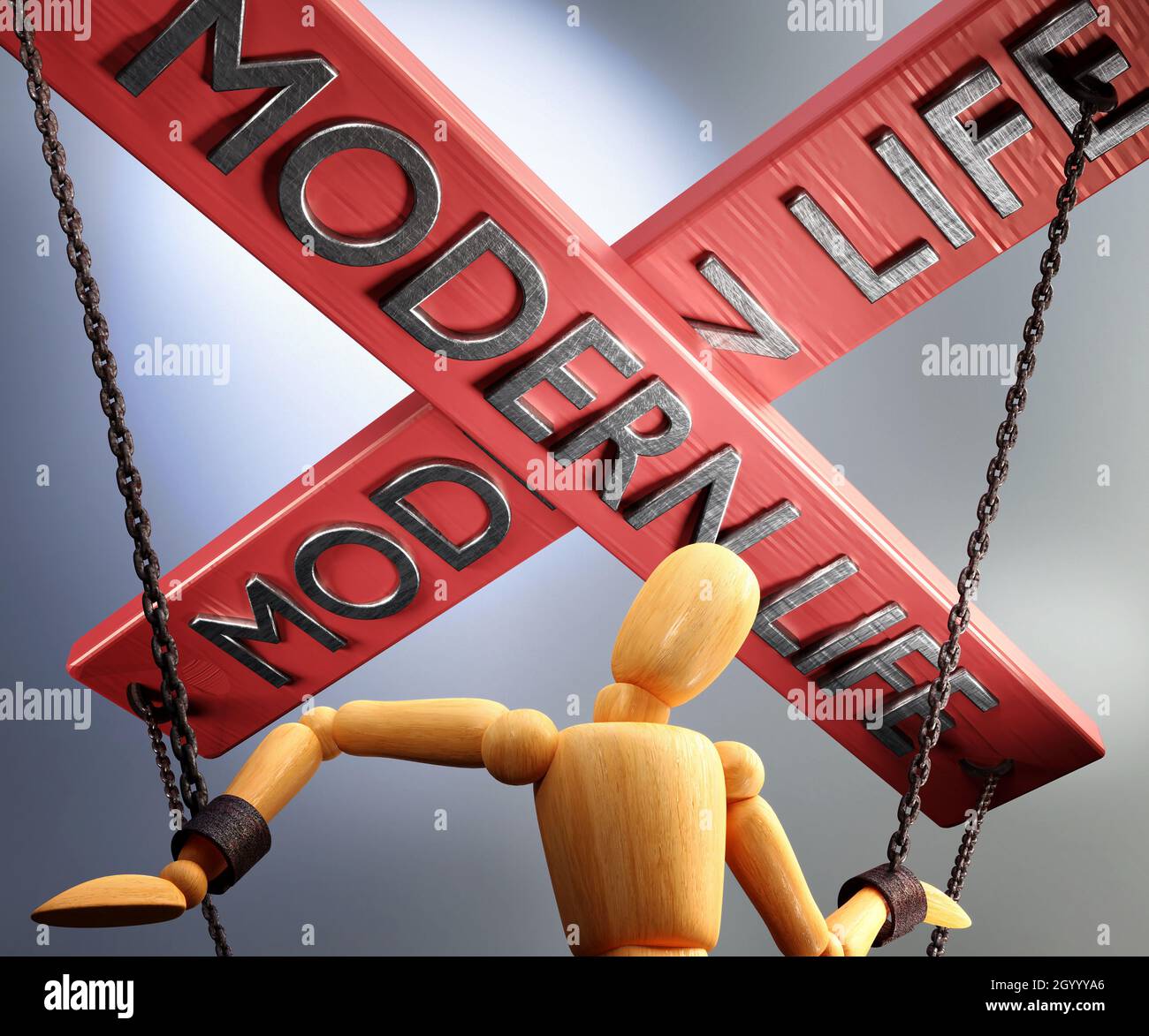 Modern life control, power, authority and manipulation symbolized by control bar with word Modern life pulling the strings (chains) of a wooden puppet Stock Photo
