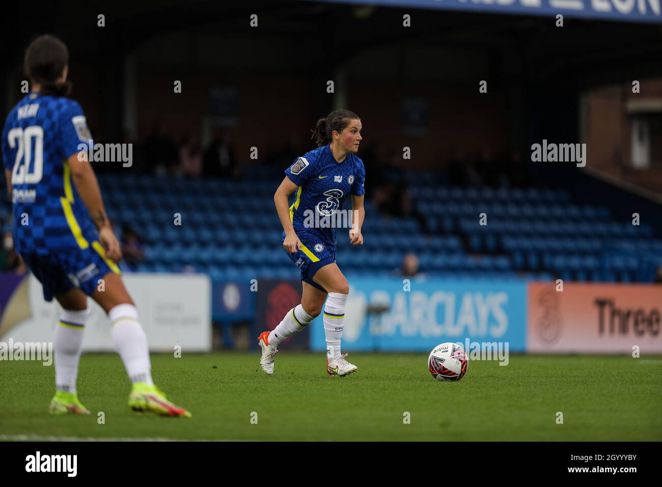 London, UK. 10th Oct, 2021. Barclays FA Womens Super League game between Chelsea and Leicester City at Kingsmeadow in London, England. Credit: SPP Sport Press Photo. /Alamy Live News Stock Photo