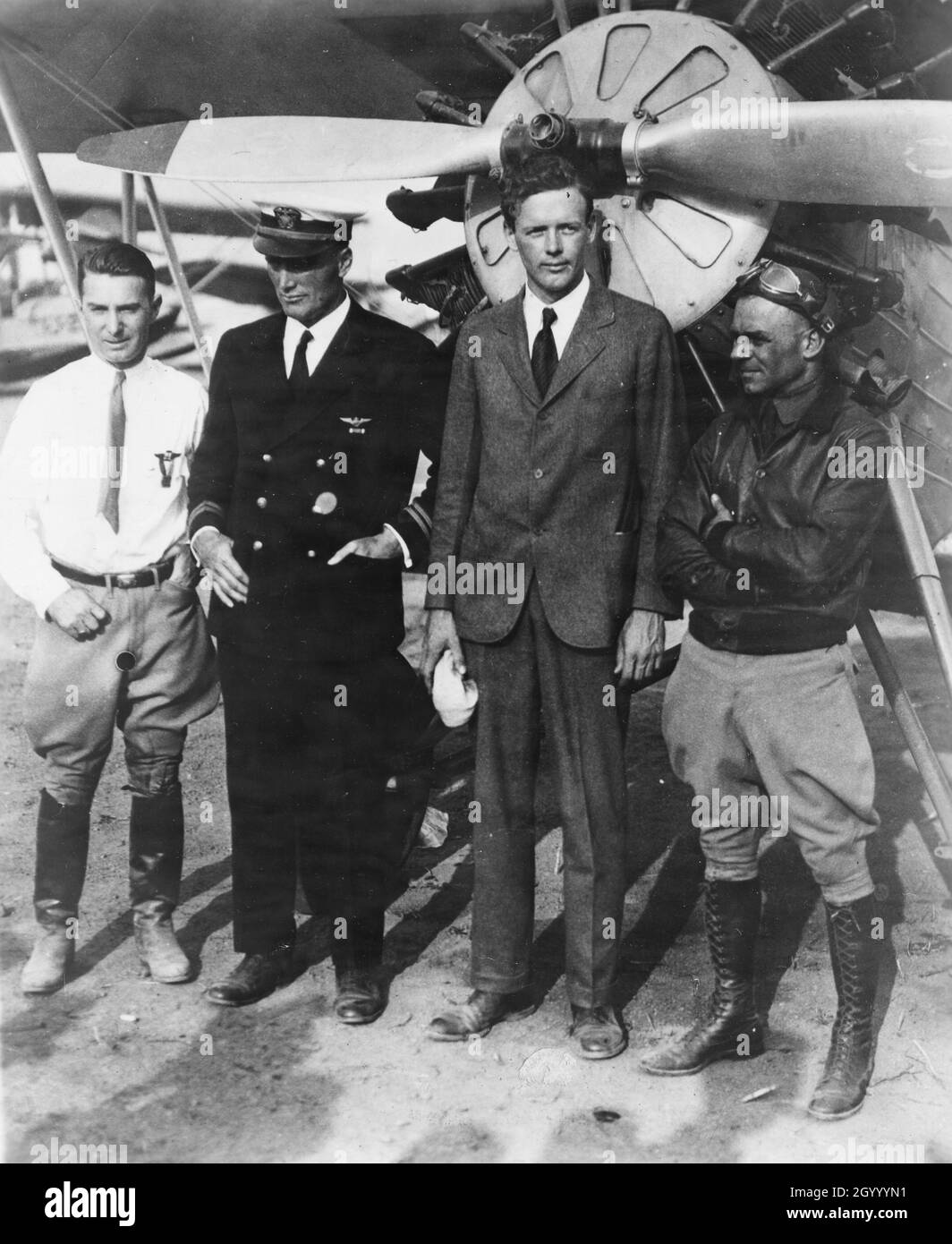 Right to left: Lt. James Doolittle, US Army Ace, Col. Charles Lindbergh, Lt. Al Williams, Navy Ace, and Clif Henderson, Director of the 1929 National Air Races. Sept 2, 1929. Stock Photo