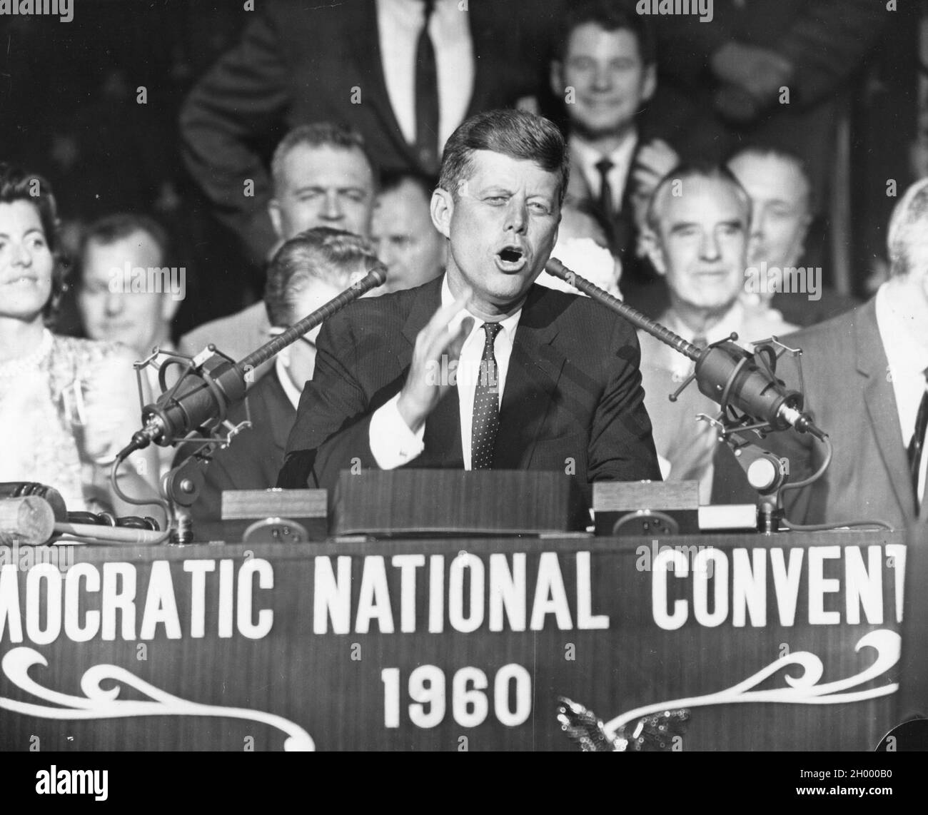 Senator John F. Kennedy addresses the Democratic Party's National Convention after being unanimously nominated for President of the United States. Los Angeles, July 13, 1960. Stock Photo