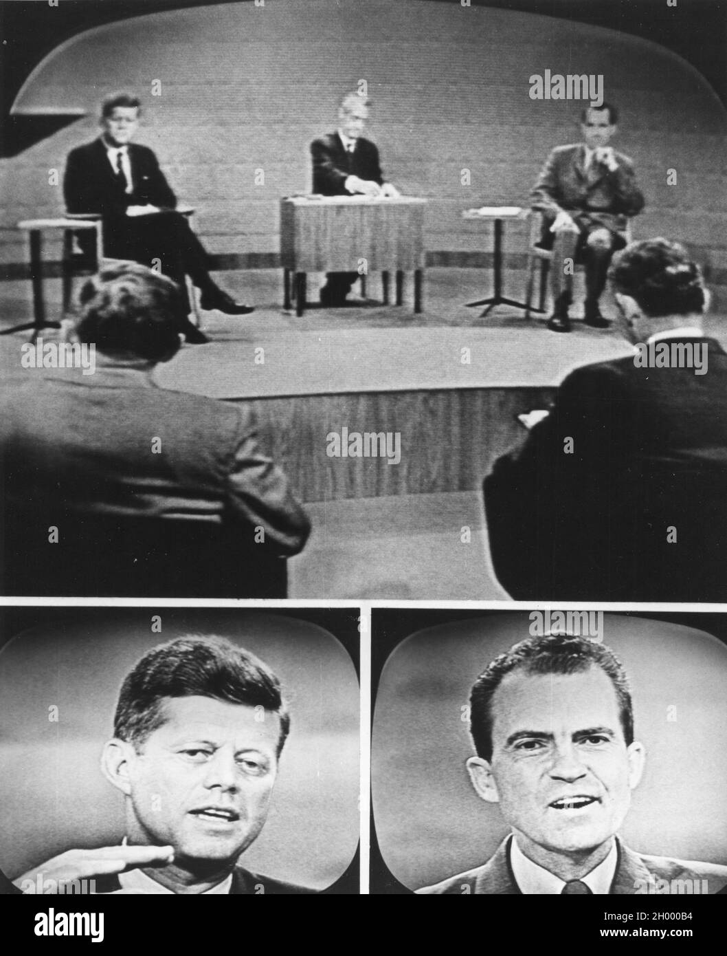 The two Presidential nominees from the two major parties are seen in three photos on a television screen during their nationally televised debate on 9-26-60. Top: Senator Kennedy, moderator Howard K. Smith; and Vice-President Richard Nixon. Bottom left, Senator Kennedy; Right Vice-President Nixon. Stock Photo
