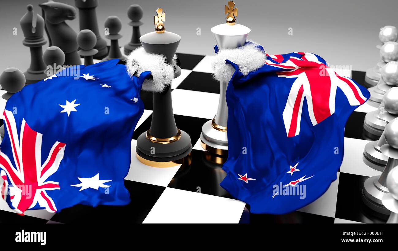Decode Supplement Crack pot Australia New Zealand crisis, clash, conflict and debate between those two  countries that aims at a trade deal or dominance symbolized by a chess game  Stock Photo - Alamy