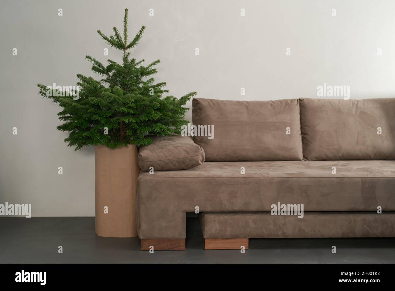 Small christmas tree indoor near couch, shallow focus Stock Photo