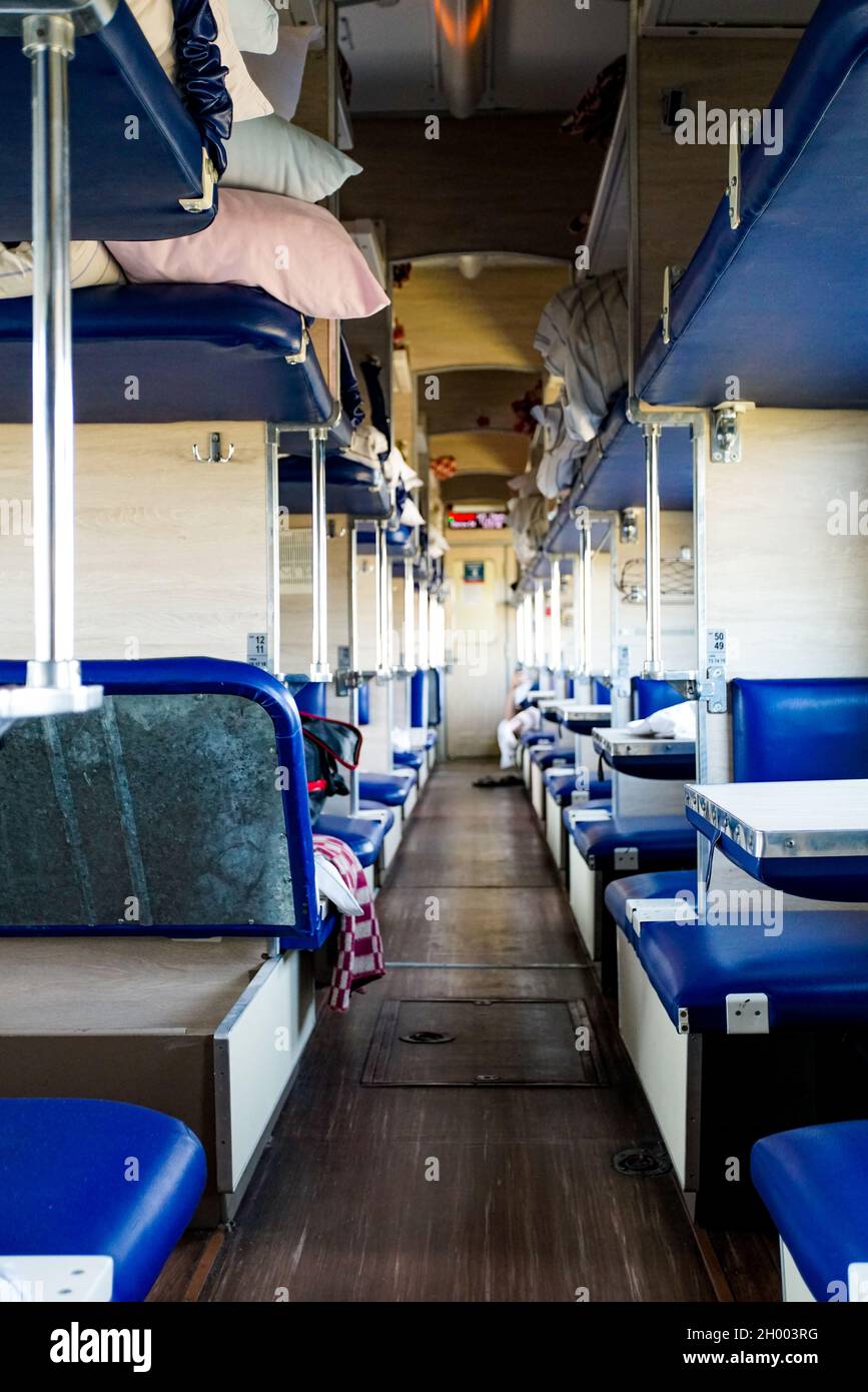 Interior of a typical russian longdistance RZD train with beds for