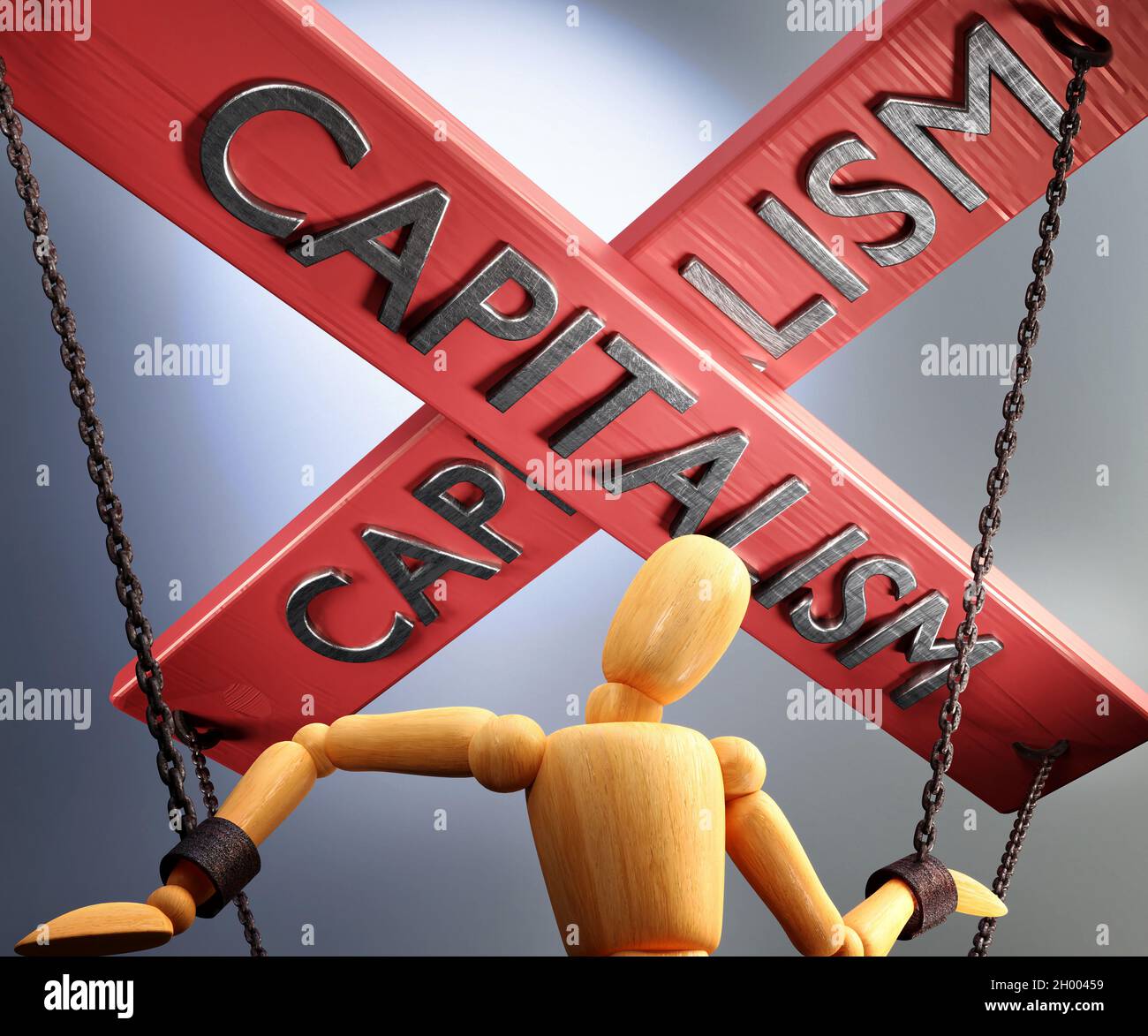 Capitalism control, power, authority and manipulation symbolized by control bar with word Capitalism pulling the strings (chains) of a wooden puppet, Stock Photo